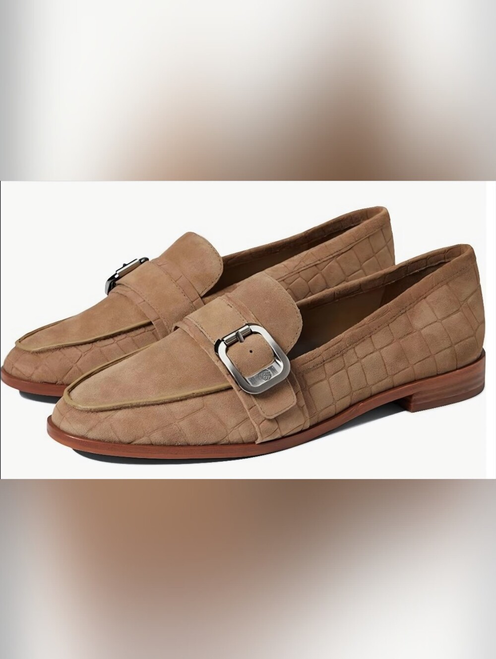 Vince Camuto Tan Suede Croc-Embossed Buckle Loafers